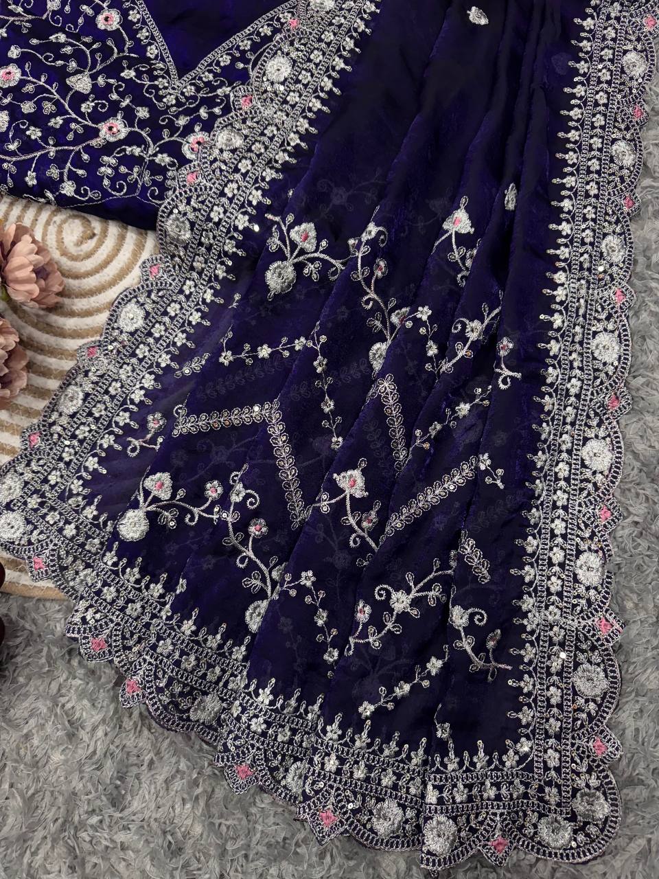 Royal Blue Embroidered Blouse Piece with Intricate Mirror, Sequin & Floral Threadwork – Ready-to-Stitch Fabric for Sarees & Festive Ethnic Wear - Image 5